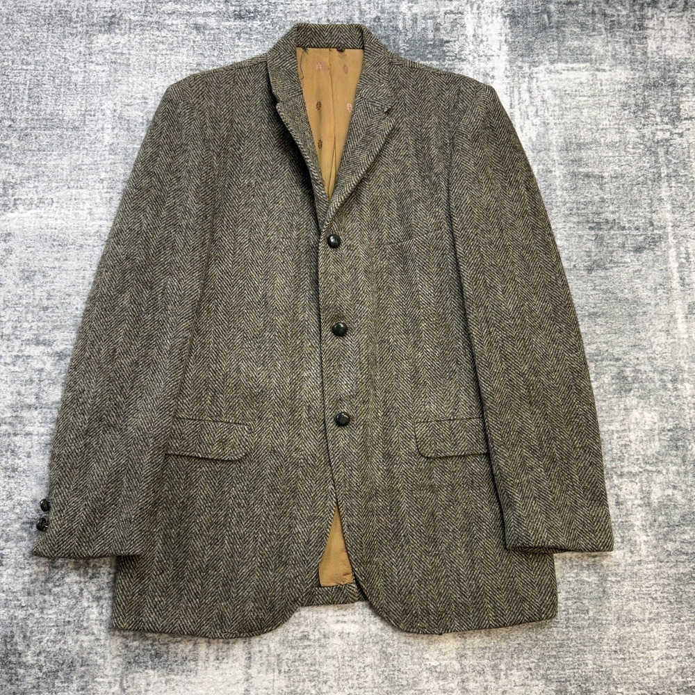 VTG Sears Harris Tweed Blazer Jacket Mens 40 Green‎ Herringbone Sport Coat Wool